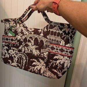 Vera Bradley Brown and Cream Quilted Tote with Red Trim